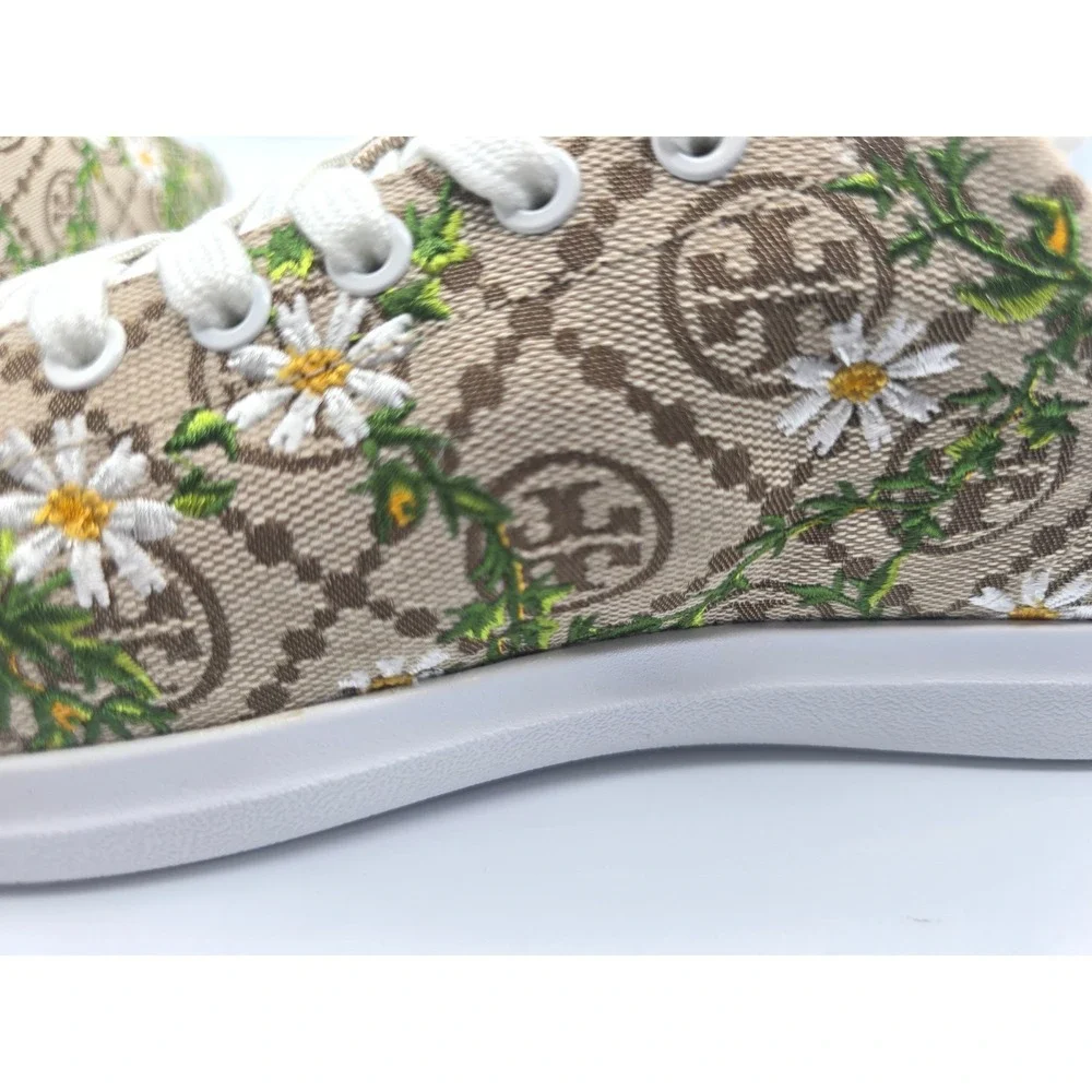 Tory Burch Howell T-Monogram Embroidered‎ Daisy Sneakers Hazel White 81296 9.5